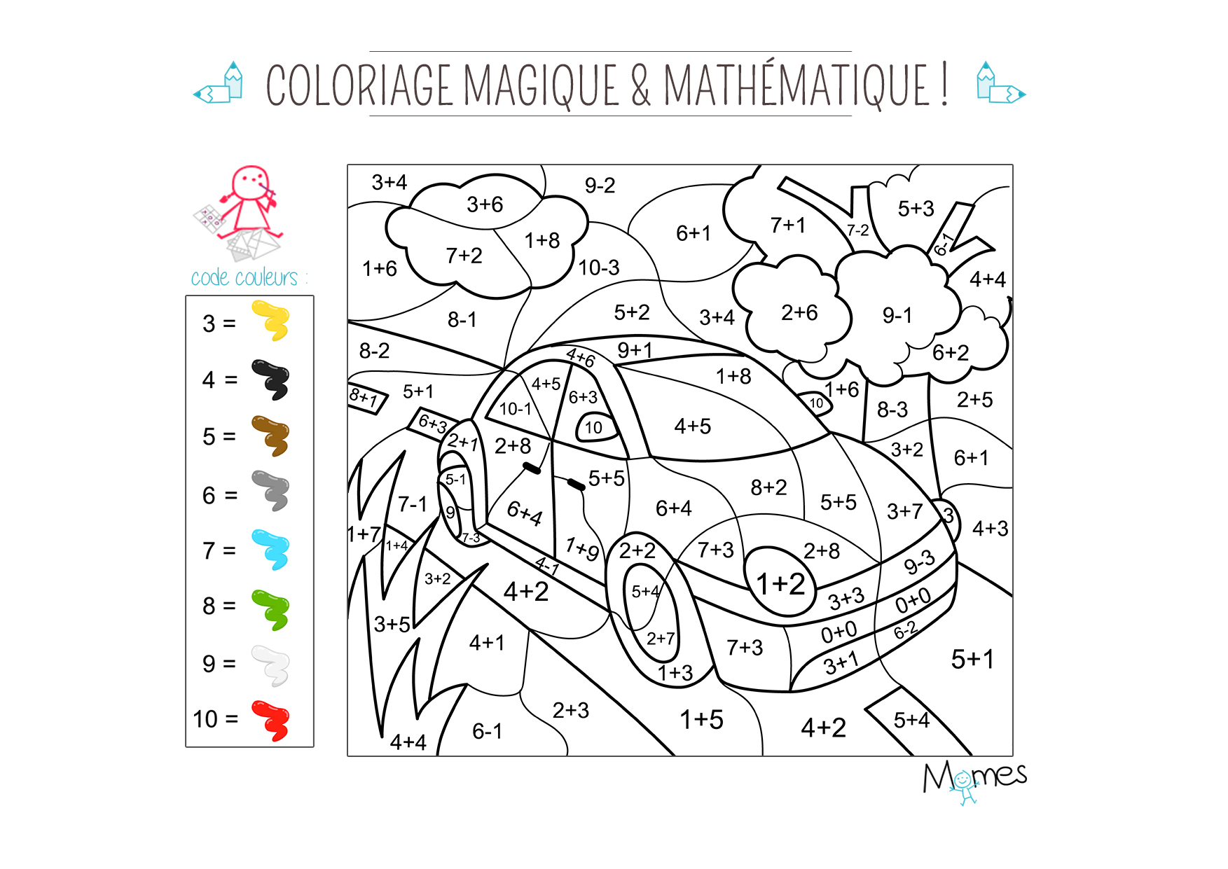 Coloriage magique et mathématique : la voiture - Momes.net